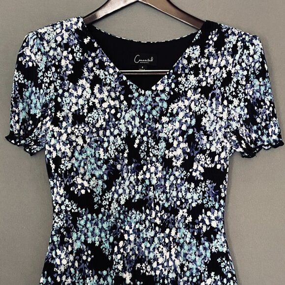 Connected Apparel Black Fluted Ruffle Floral A Line Dress Size 6 - Picture 1 of 6